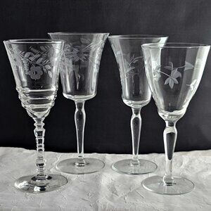 4 Mismatched Etched Glass Fine Wine Glasses midcentury fancy assorted glassware